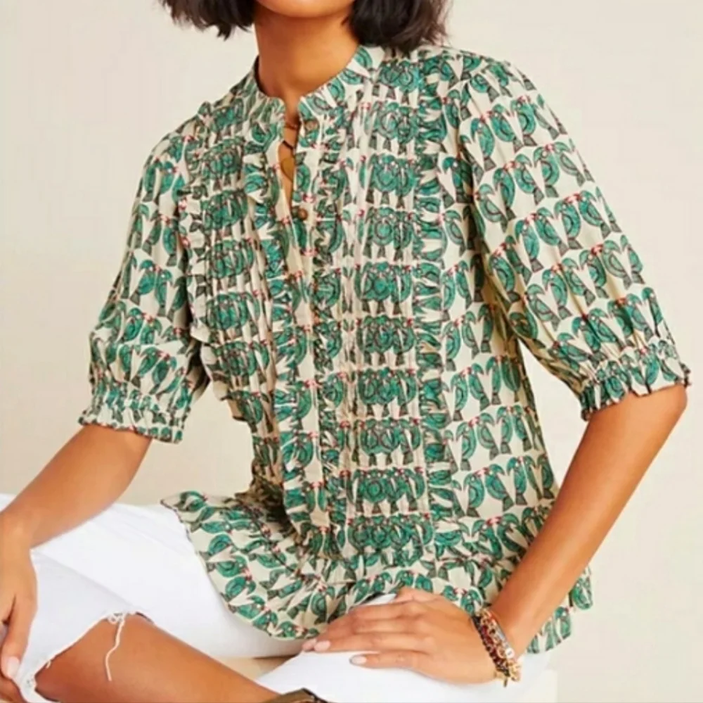NWOT Anthropologie Maeve Parrot Ruffled Pleated Puff Sleeve Peplum Top, Size S - Picture 1 of 11